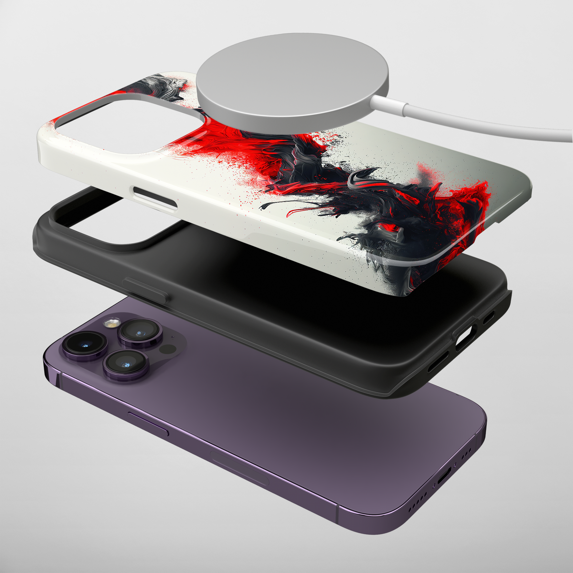 Scarlet Swish (iPhone MagSafe Case)Elevate your iPhone's protection and style with RimaGallery's Dynamic swirls of red on a MagSafe Case against a dark backdrop. Enjoy dual-layer defense, vibrant desiRimaGallery