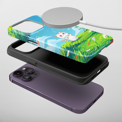 Kite Kitty (iPhone MagSafe Case)Elevate your iPhone's protection and style with RimaGallery's A charming illustration of a kitten flying a kite on a sunny daye on iphone MagSafe Case against a darkRimaGallery