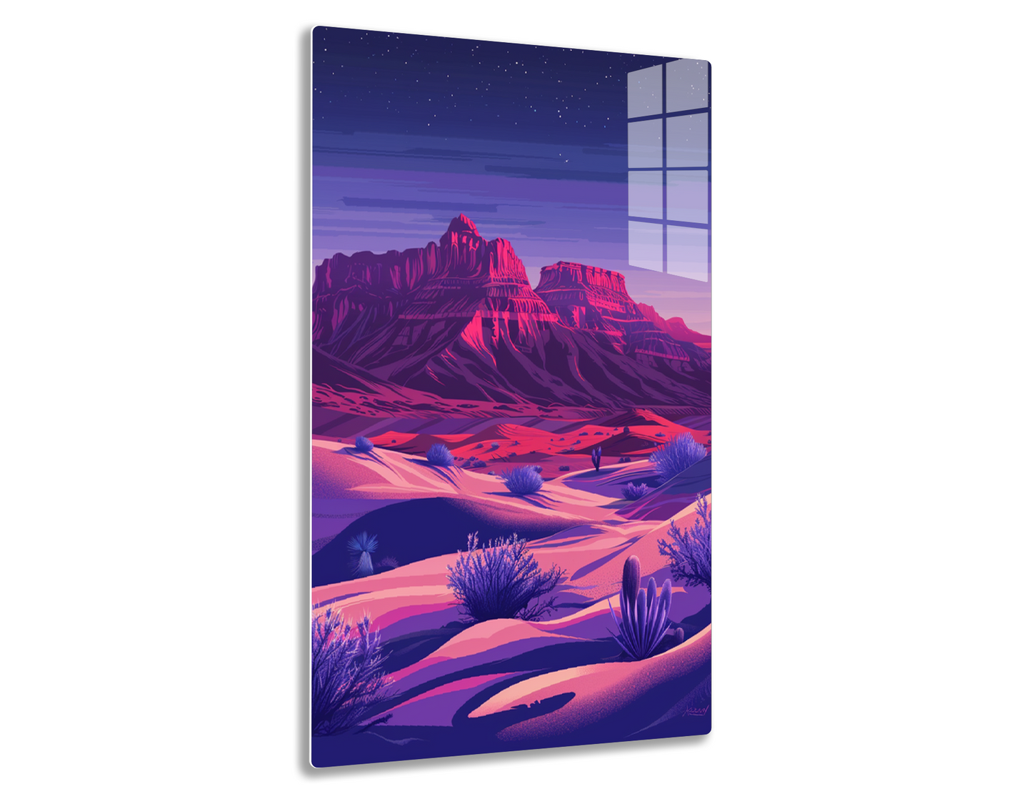 A vibrant desert landscape at night, with towering red rock formations against a starry purple sky. Undulating red sand dunes are dotted with blue-tinted shrubs and cacti, creating a surreal and visually striking
