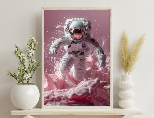 An astronaut in a white spacesuit floats amidst swirls of pink cosmic clouds, with bubbles surrounding them in the vast expanse of space, creating a surreal and dreamlike scene.
