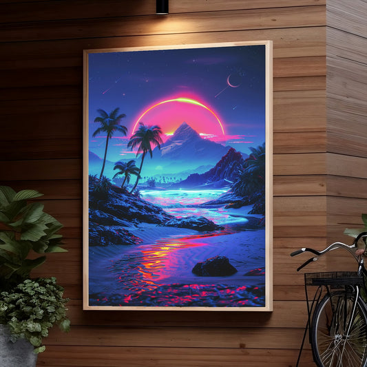 Vibrant retrowave beach landscape with neon sun arch, palm trees, rocky mountains and colorful sky reflecting on rippling water
