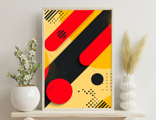 Abstract geometric composition with bold shapes and patterns in red, black, yellow and beige colors.
