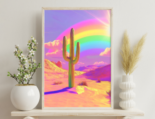 A vibrant desert landscape with a towering cactus under a colorful rainbow sky, featuring shades of pink, purple, yellow, and green contrasted against the warm sand dunes and rocky mountains.
