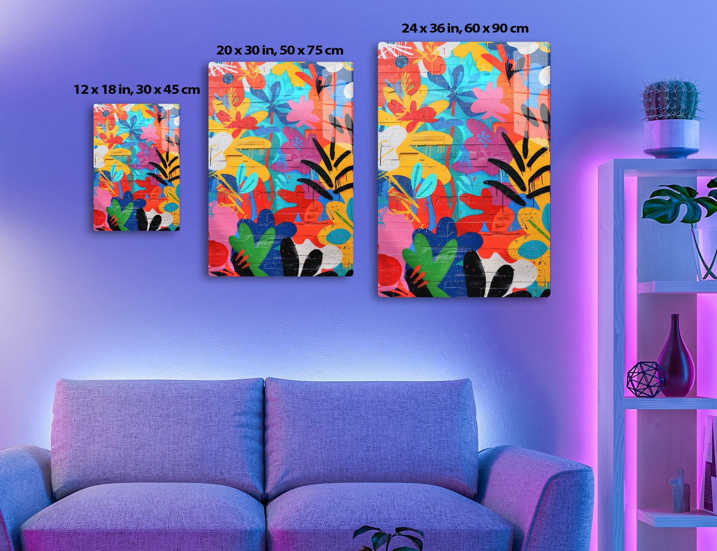 A vibrant, abstract street art mural featuring bold shapes, splashes of colors like red, yellow, blue, pink, and black fluid paint drippings, creating a dynamic and energetic composition.
