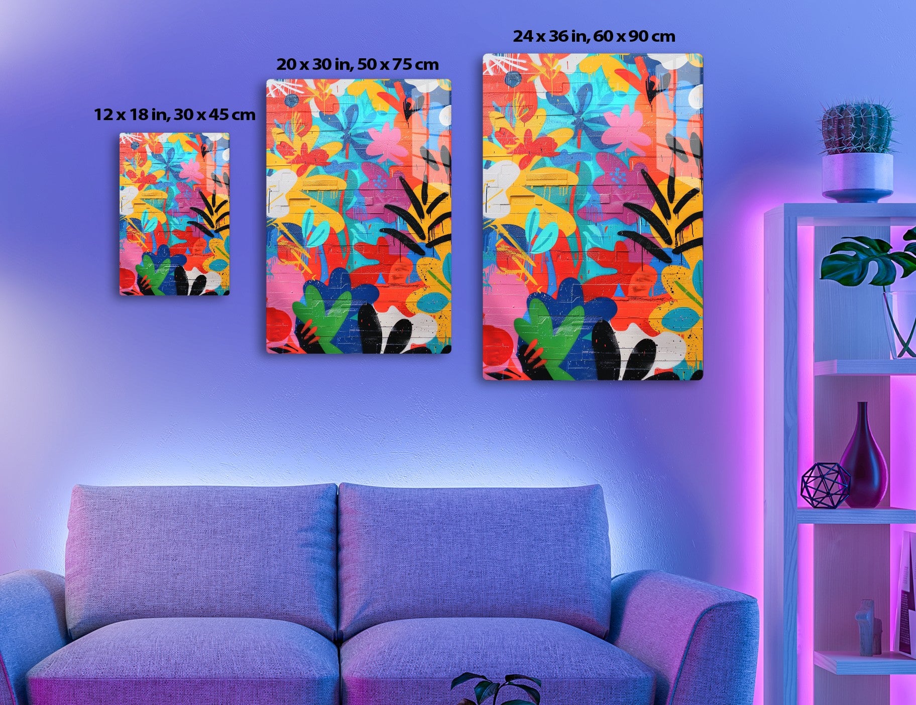 A vibrant, abstract street art mural featuring bold shapes, splashes of colors like red, yellow, blue, pink, and black fluid paint drippings, creating a dynamic and energetic composition.
