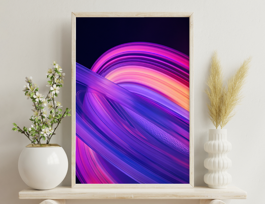 A vibrant abstract digital artwork with swirling brushstrokes in shades of purple, pink, and blue, resembling an ethereal vortex against a black background.

