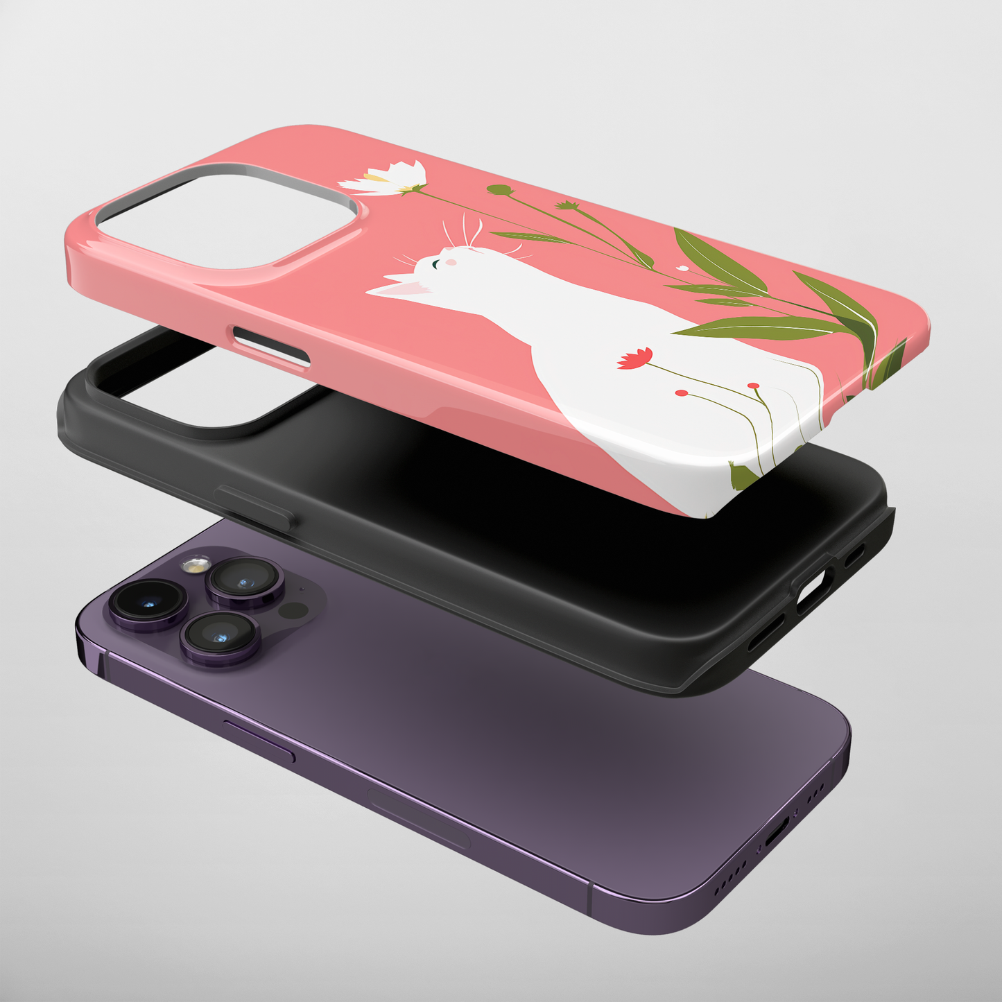 Blossom Gazer (iPhone Case 11-15)Elevate your iPhone's protection and style with RimaGallery's A serene white cat admiring spring blossoms on a pastel pink On case, featuring dual-layer defense and RimaGallery