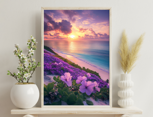 A stunning sunset over the ocean, with vibrant purple and orange clouds reflecting on the calm water. In the foreground, a field of blooming purple flowers adorns the sandy beach, creating a serene and picturesque coastal scene.
