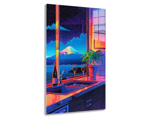 An artistic illustration of a cozy evening view from a kitchen window overlooking Mount Fuji at night. A bottle of wine, two glasses, and a potted plant adorn the windowsill, creating a serene ambiance.
