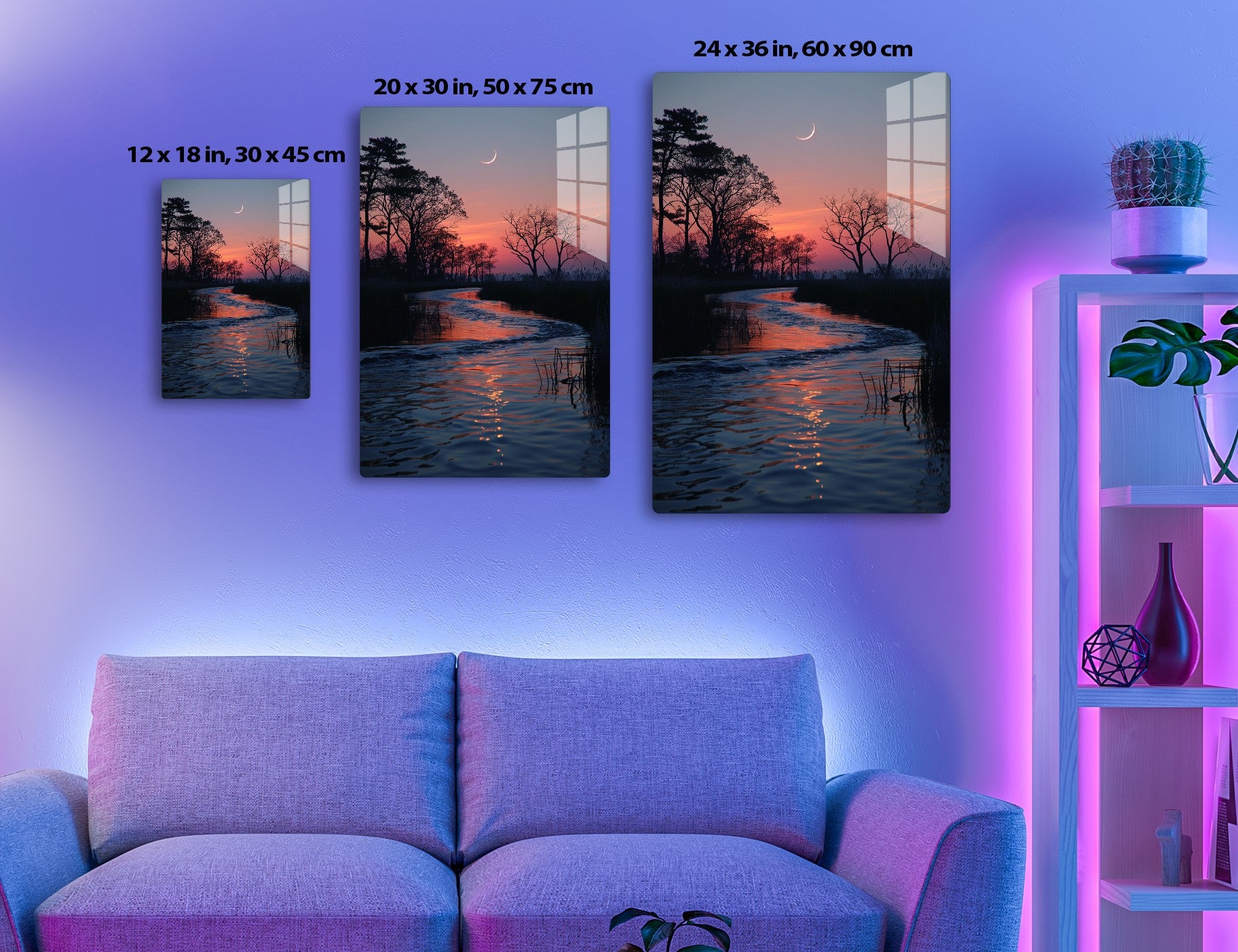 Twilight landscape with a crescent moon in the sky, bare trees silhouetted against a colorful sunset reflecting on a winding stream
