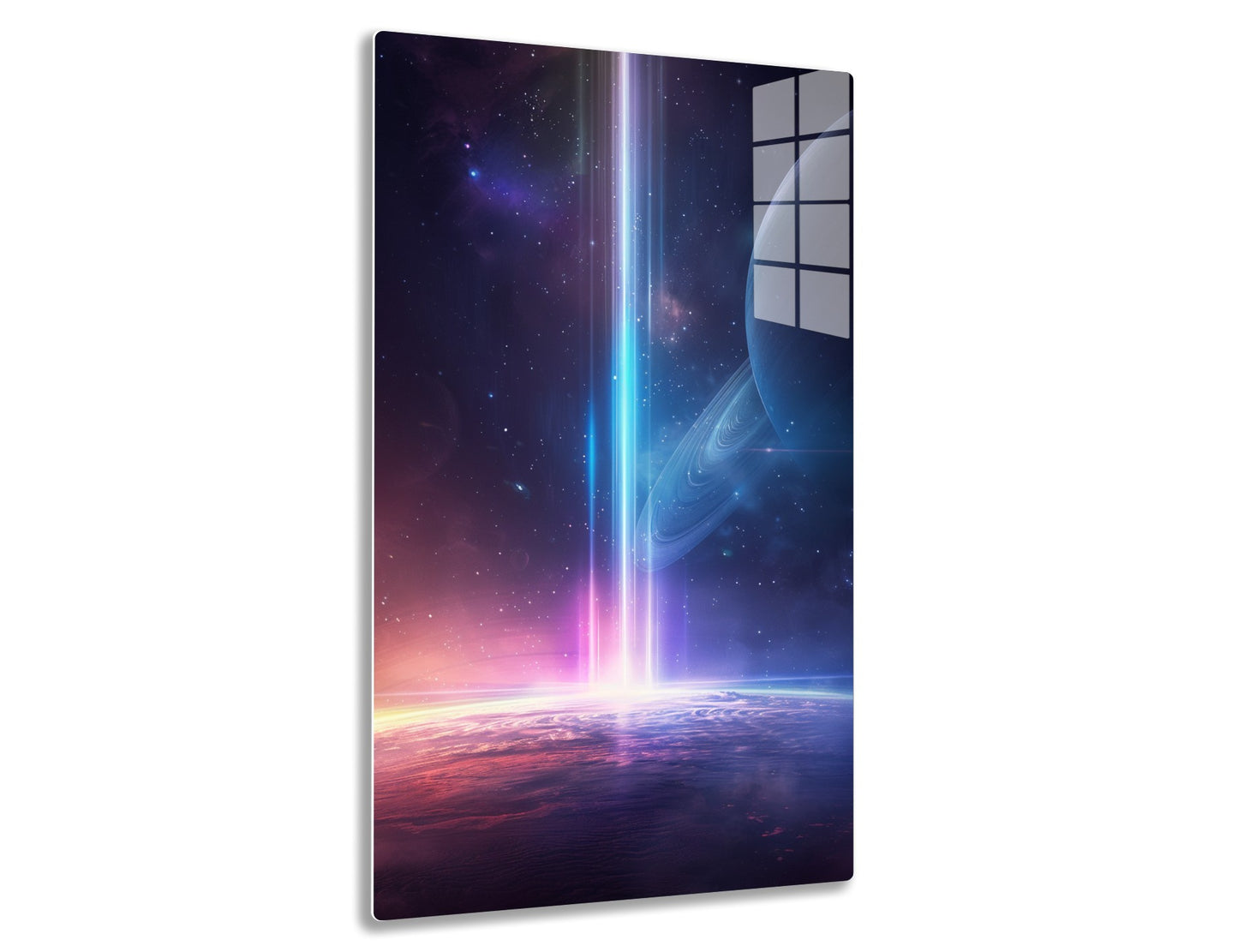 A celestial scene with a bright beam of light emanating from a distant planet, illuminating the atmosphere of a nearby planet in shades of purple, blue, and orange, surrounded by stars and cosmic elements.
