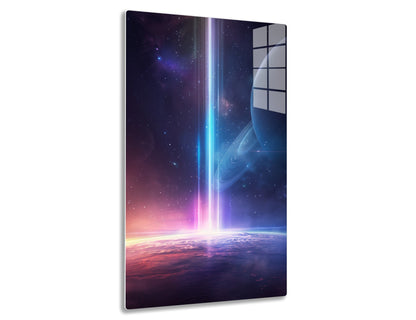 A celestial scene with a bright beam of light emanating from a distant planet, illuminating the atmosphere of a nearby planet in shades of purple, blue, and orange, surrounded by stars and cosmic elements.
