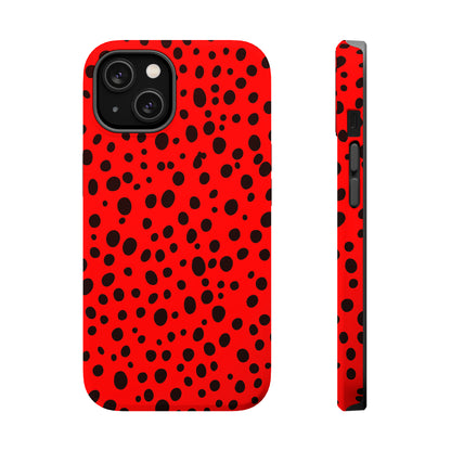 Dotted Delight - Red (iPhone MagSafe Case)Elevate your iPhone's style with the Red backdrop with varied black dots MagSafe Case, offering robust protection, MagSafe compatibility, and a choice of matte or glRimaGallery