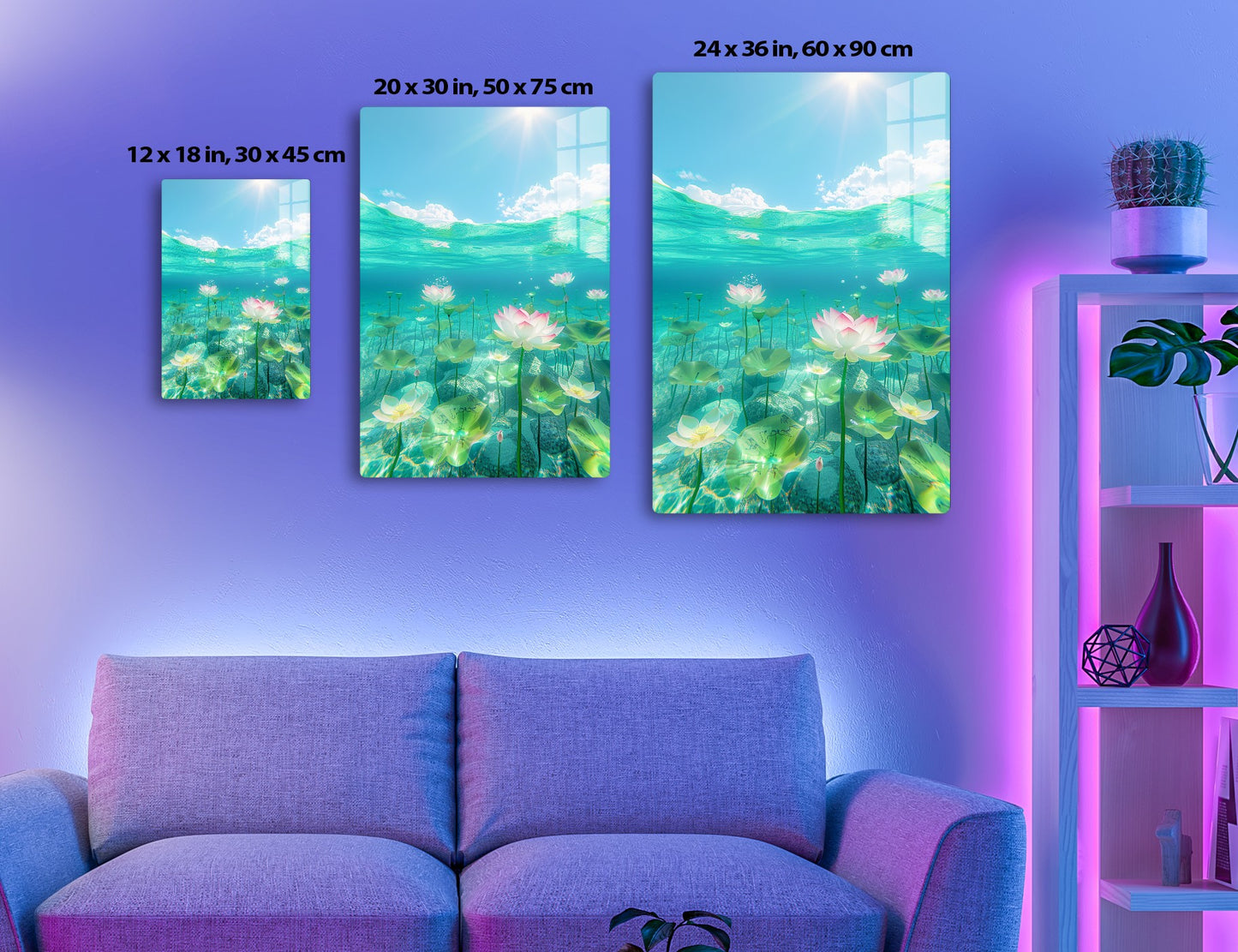 Underwater scene with blooming lotus flowers and sunlight rippling through turquoise waves on the water's surface, creating a serene and tranquil atmosphere.
