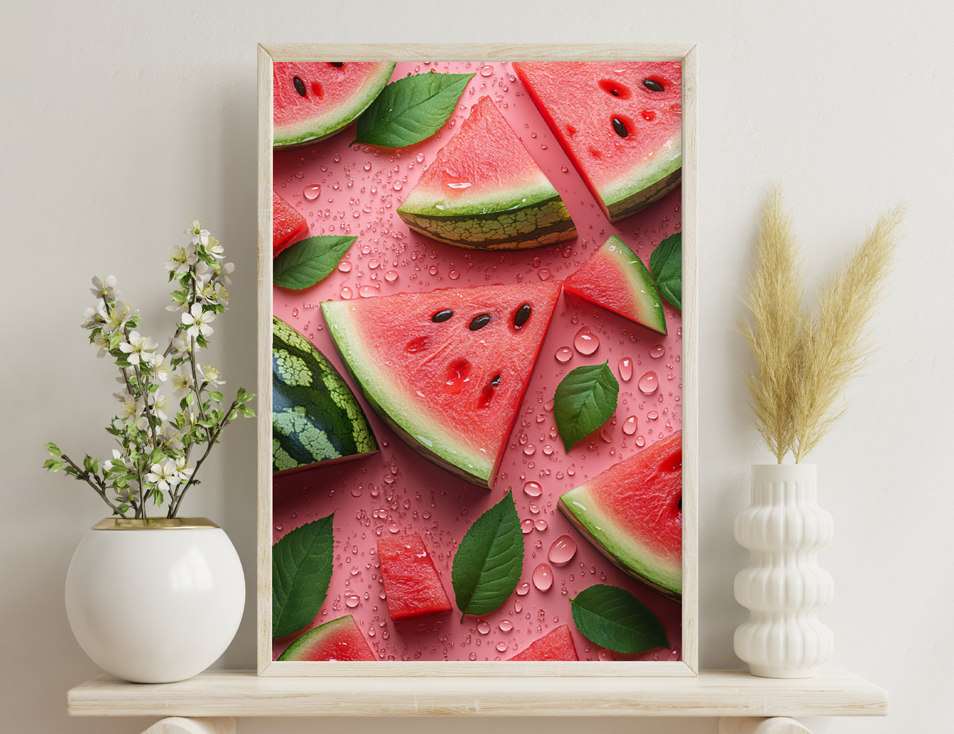 Watermelon slices with seeds and green leaves surrounded by water droplets, creating a refreshing and vibrant summer vibe.
