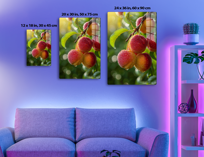 Ripe red cherries with water droplets hanging from a branch with green leaves, creating a vibrant and refreshing close-up image.
