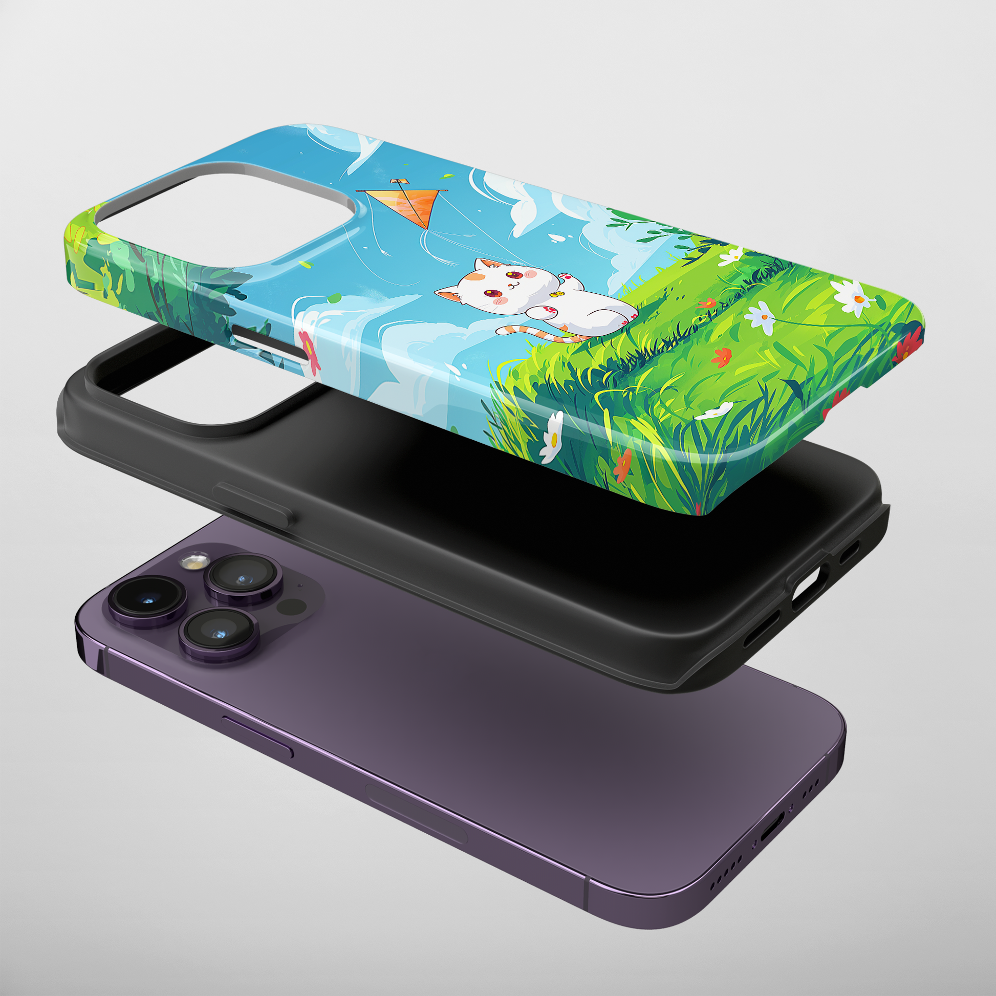 Kite Kitty (iPhone Case 11-15)Elevate your iPhone's protection and style with RimaGallery's A charming illustration of a kitten flying a kite on a sunny daye On case, featuring dual-layer defenseRimaGallery