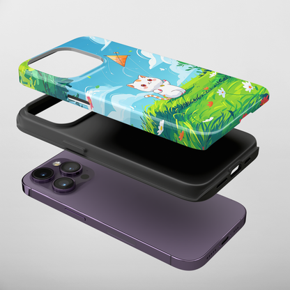 Kite Kitty (iPhone Case 11-15)Elevate your iPhone's protection and style with RimaGallery's A charming illustration of a kitten flying a kite on a sunny daye On case, featuring dual-layer defenseRimaGallery