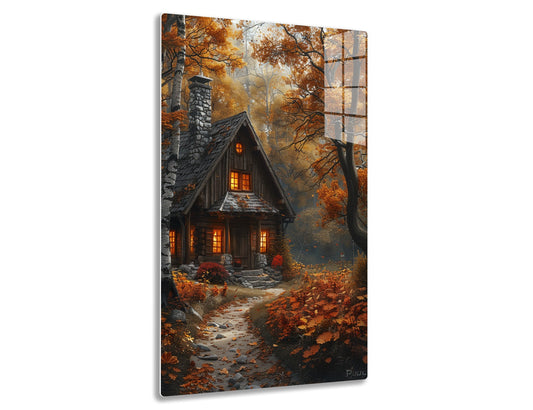 A cozy rustic cabin nestled in an autumnal forest, surrounded by vibrant fall foliage, with warm light emanating from the windows and a stone path leading to the inviting entrance.
