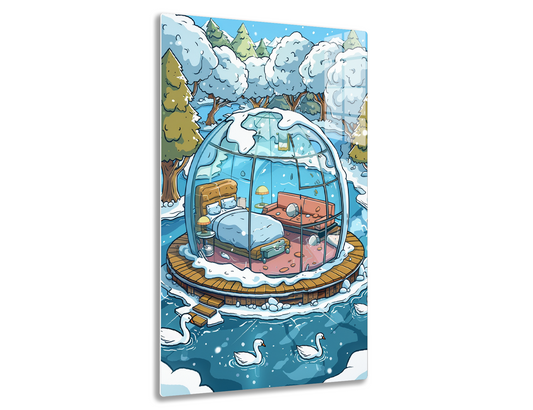 A cozy glass dome sits on a wooden platform in a snowy winter landscape with trees and mountains. Inside, there's a living area with couches, lamps, and swans swimming in the surrounding water.
