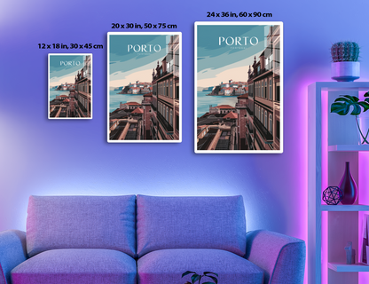A vintage travel poster illustration featuring the colorful cityscape of Porto, Portugal, with its iconic riverside buildings and tiled roofs overlooking the Douro River against a blue sky.
