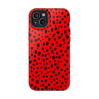 Dotted Delight - Red (iPhone MagSafe Case)Elevate your iPhone's style with the Red backdrop with varied black dots MagSafe Case, offering robust protection, MagSafe compatibility, and a choice of matte or glRimaGallery