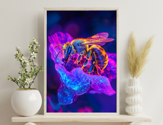 A macro photograph of a honeybee with vibrant blue and orange colors on its fuzzy body, resting on a purple flower petal with water droplets showcasing intricate details.
