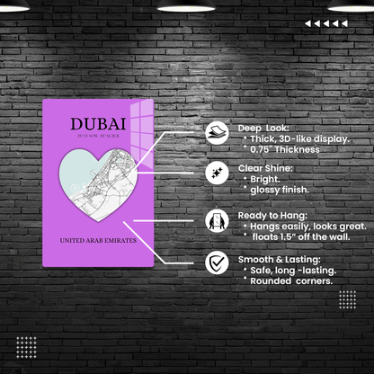 Dubai Heartbeat - Purple (Acrylic)Step into the universe with Vibrant purple Dubai souvenir featuring a heart and map. Acrylic art from RimaGallery. Experience the cosmos in your home with vibrant, eRimaGallery