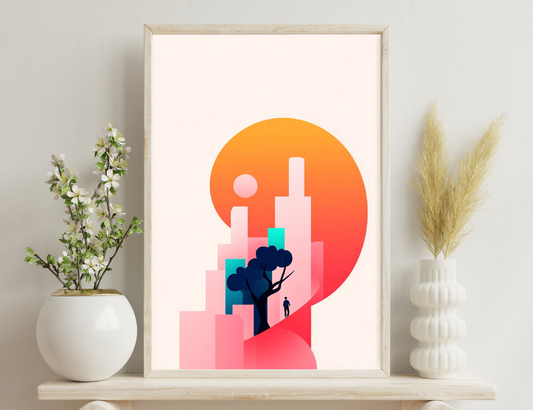 An abstract geometric illustration depicting a city skyline at sunset, with a solitary figure walking alongside a stylized tree and minimalist architectural shapes in shades of orange, pink, green, and navy blue.
