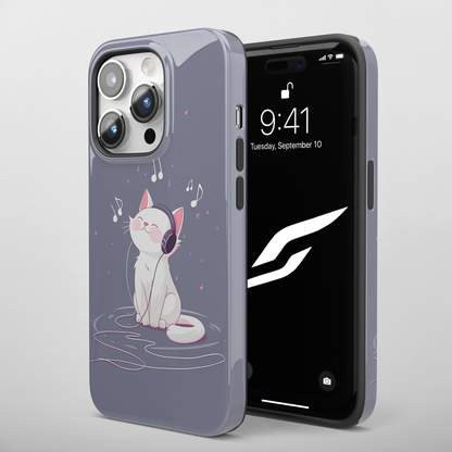 Melody Mews (iPhone Case 11-15)Elevate your iPhone's protection and style with RimaGallery's Illustrated cat enjoying music with headphones On case, featuring dual-layer defense and a sleek, glossRimaGallery