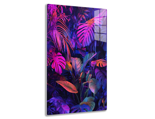 Vibrant tropical leaves in shades of purple, pink, orange, and blue creating an abstract, neon-like floral pattern.
