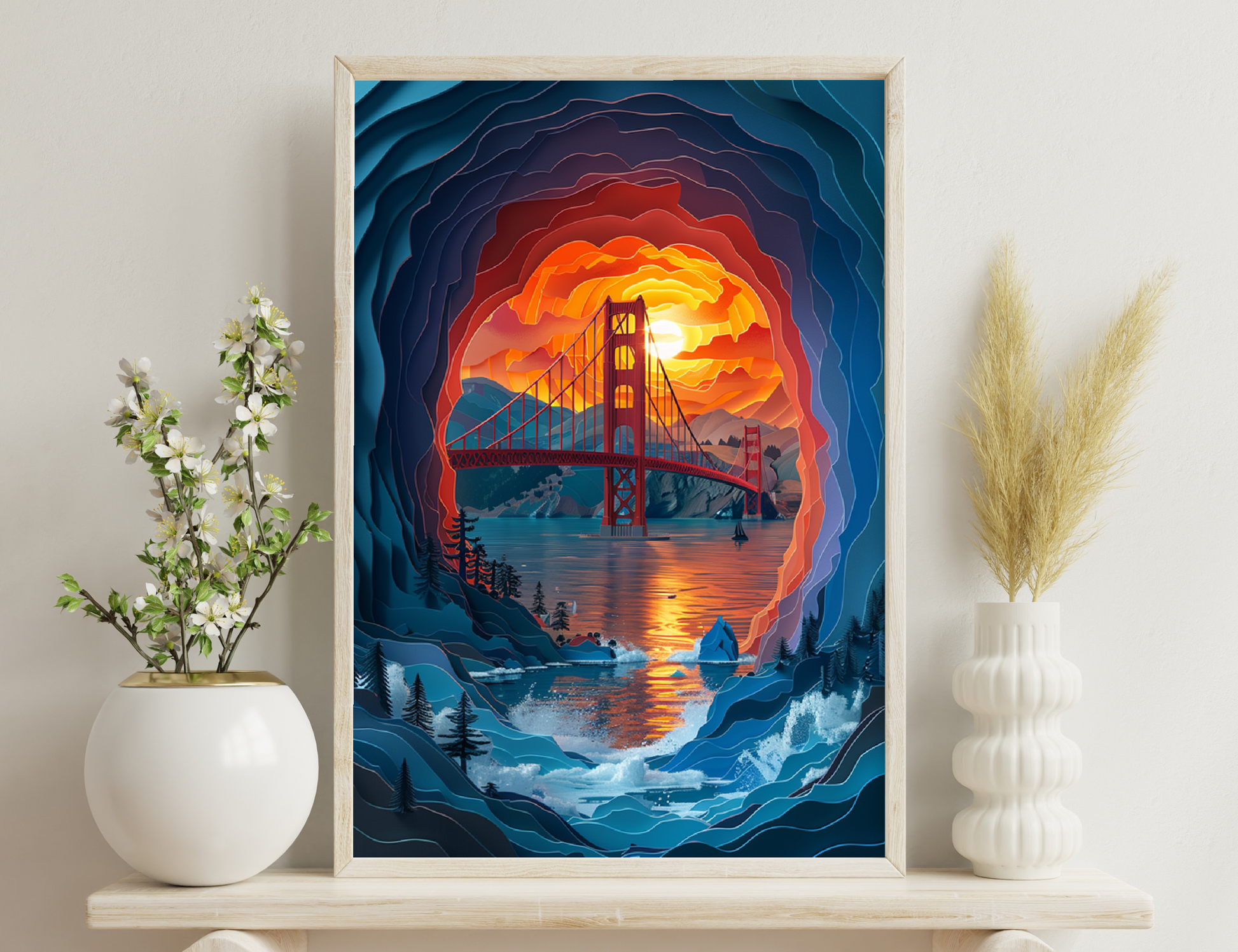 A surreal view of the Golden Gate Bridge at sunset, framed by layered shapes in warm colors, with mountains and trees reflected in the bay.
