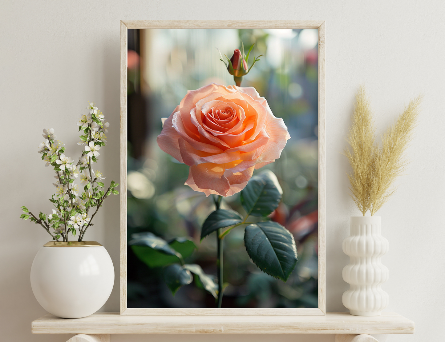 A vibrant peach-colored rose in full bloom with delicate folds and a deep orange center, surrounded by lush green foliage and a blurred background.
