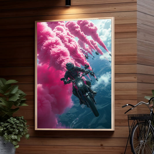A motorcyclist in full gear performs a daring stunt midair against a backdrop of vibrant pink smoke clouds, creating a striking and dynamic visual composition.
