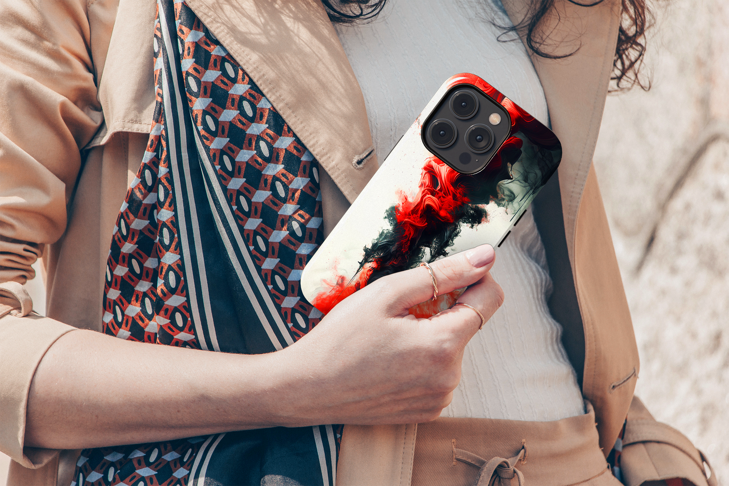 Ruby Ripples (iPhone Case 11-15)Elevate your iPhone's style with a Vibrant red ink flows on a tough case against a dark backdrop design. Sleek, durable protection for models 11-15. Free US shippingRimaGallery