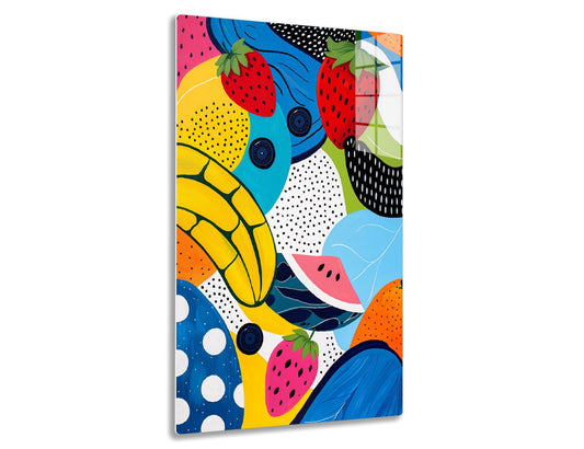 Vibrant abstract illustration with pop art style featuring stylized fruits like bananas, strawberries, watermelons in bold colors with dotted patterns against a blue and yellow background.

