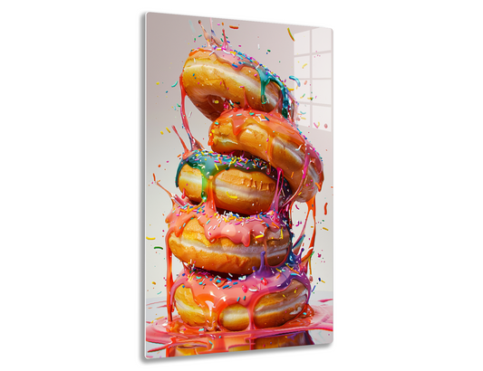 A stack of glazed donuts dripping with colorful icing and sprinkles, creating a vibrant and dynamic composition.

