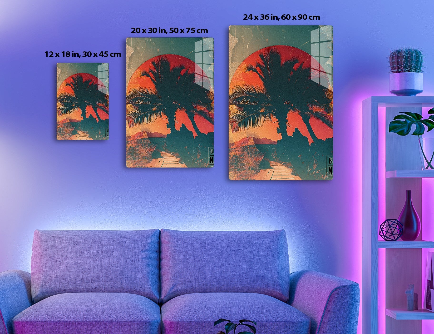 Stylized illustration of palm trees silhouetted against an orange sun or sunset, with abstract geometric patterns and textures in shades of teal and red enveloping the tropical scene.
