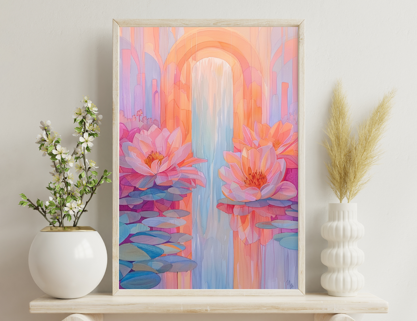 A surreal painting depicting vibrant pink and orange lotus flowers floating on water, framed by arched architectural elements in warm pastel hues, creating a dreamlike, tranquil atmosphere.
