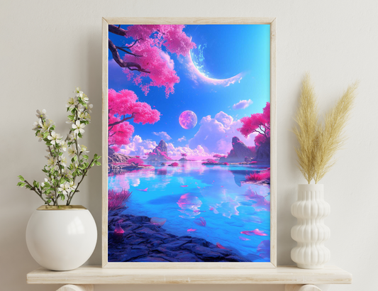 Surreal landscape with vivid pink trees, blue lake reflecting a large pink moon in the sky with crescent clouds, rocky mountains in the background.
