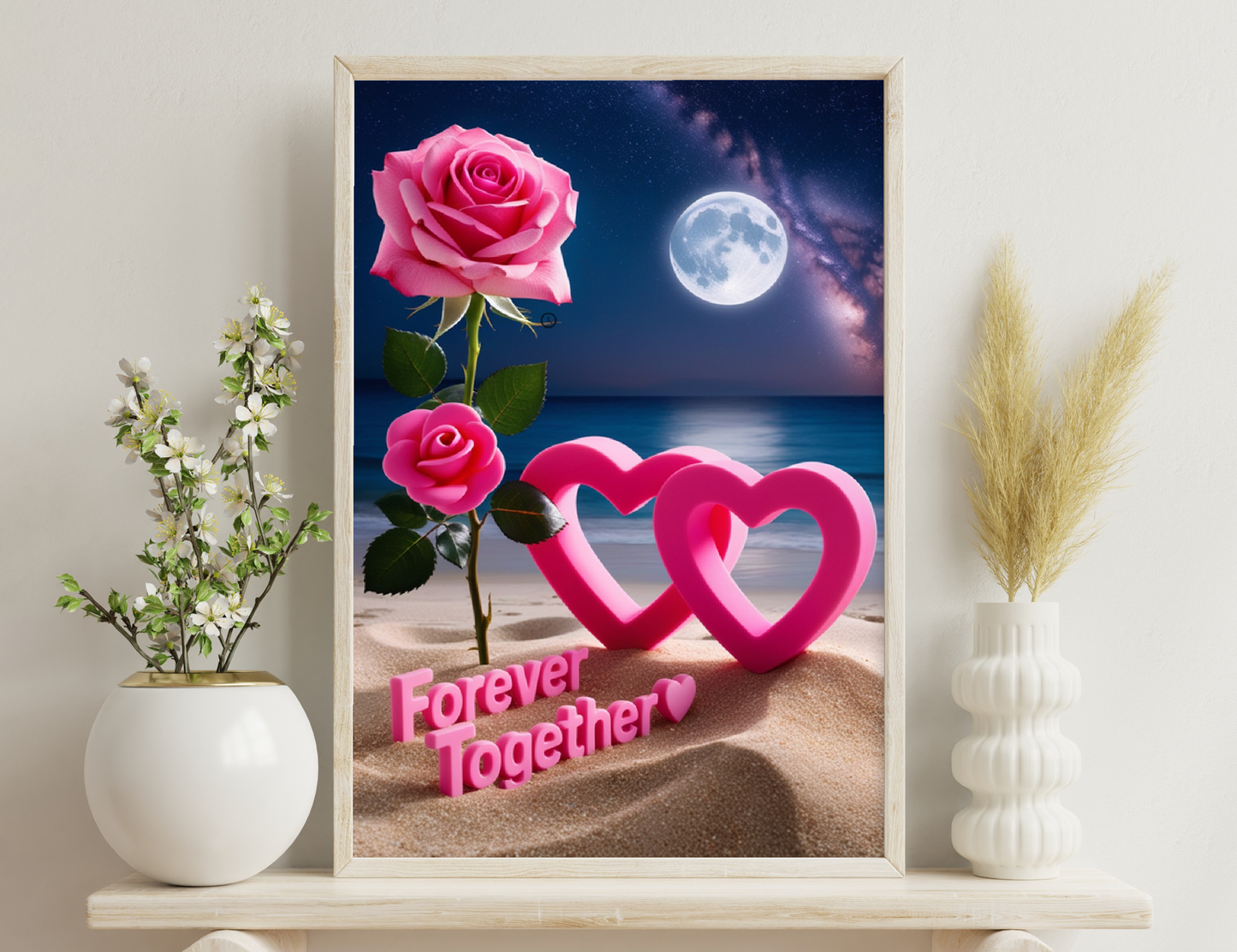 A rose with two intertwined pink hearts and the text "Forever Together" on a beach under a full moon and starry sky.
