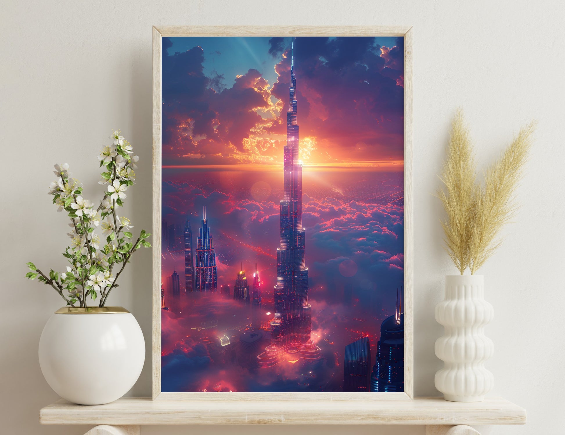 A futuristic cityscape at sunset with towering skyscrapers piercing through vibrant clouds, creating a surreal and mesmerizing atmosphere.
