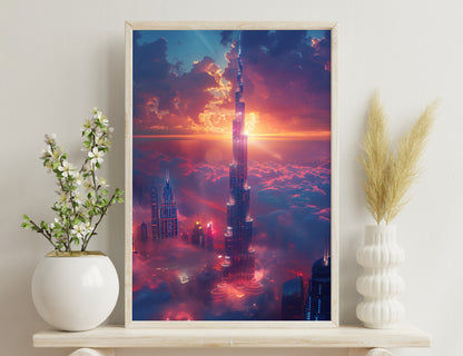 A futuristic cityscape at sunset with towering skyscrapers piercing through vibrant clouds, creating a surreal and mesmerizing atmosphere.
