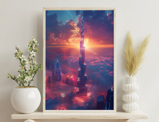 A futuristic cityscape at sunset with towering skyscrapers piercing through vibrant clouds, creating a surreal and mesmerizing atmosphere.
