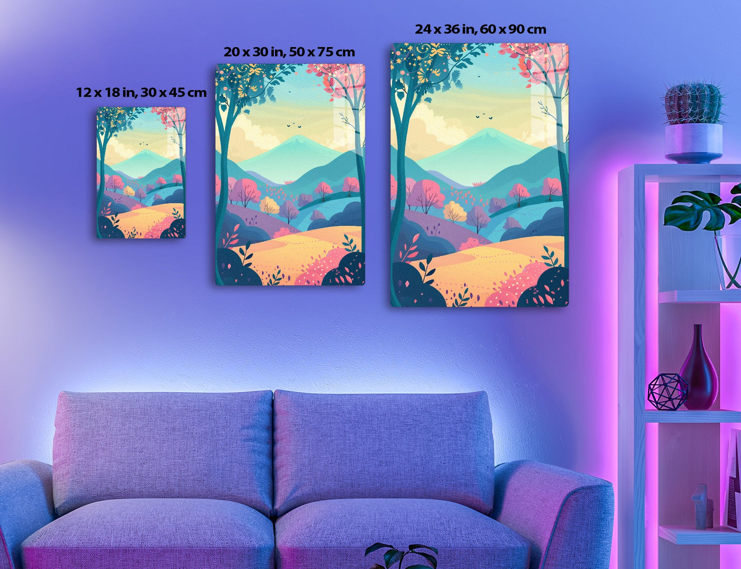 A vibrant illustration depicting a scenic mountain landscape. Colorful trees, bushes, and floral elements frame the view of a turquoise mountain peak in the distance, set against a warm gradient sky.
