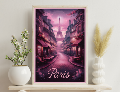 A picturesque Parisian street with quaint cafes, blooming trees, and the iconic Eiffel Tower in the distance, bathed in a dreamy pink hue.
