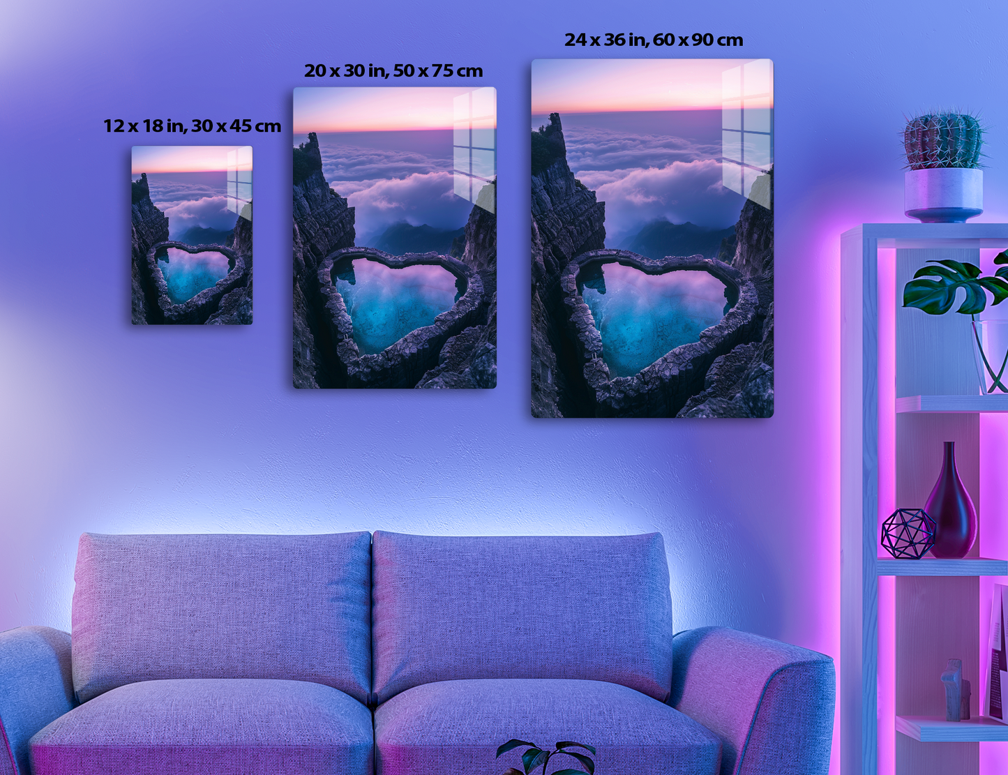 Heart-shaped blue lake surrounded by rocky cliffs at sunrise, with clouds filling the valley below providing a dreamlike scene.
