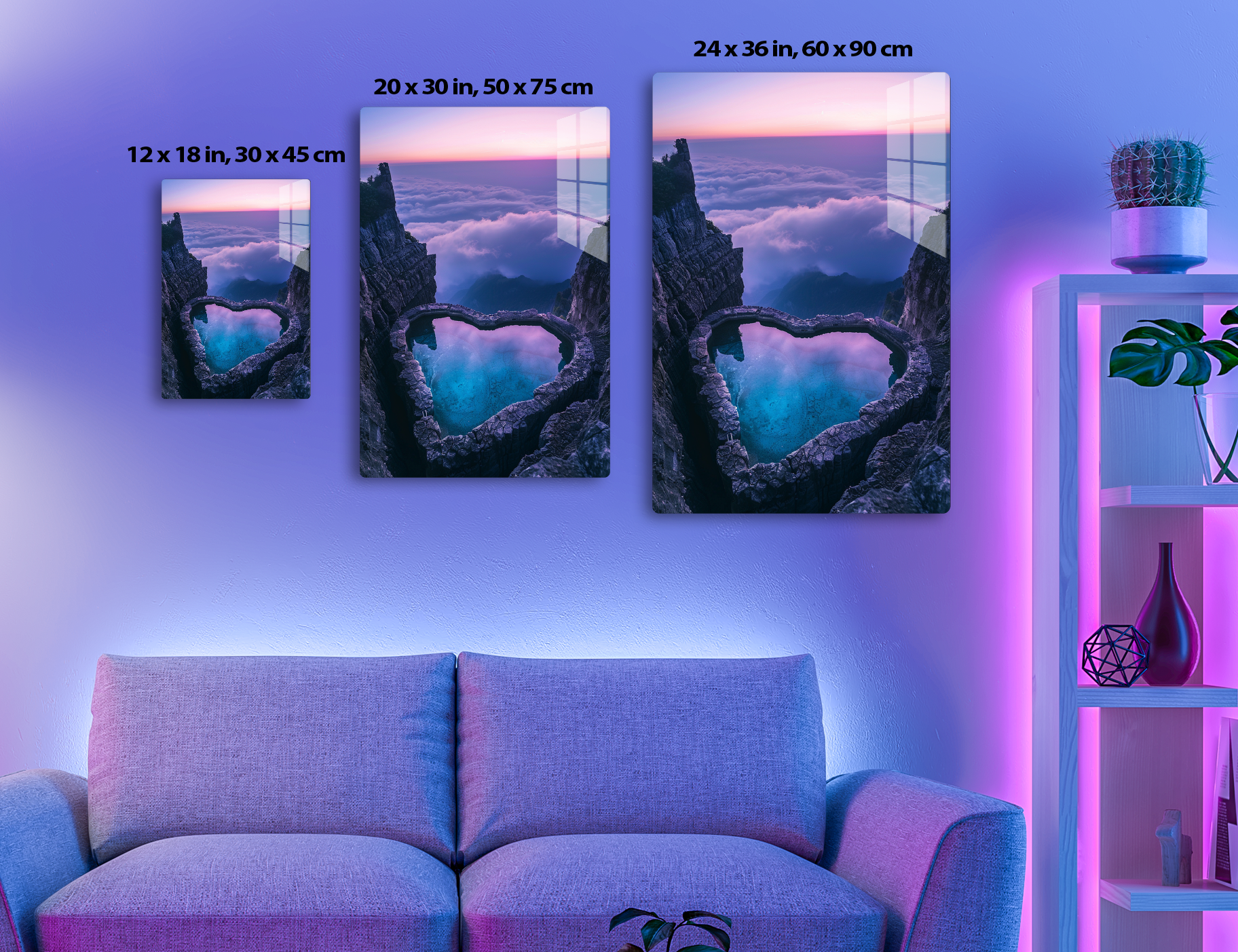 Heart-shaped blue lake surrounded by rocky cliffs at sunrise, with clouds filling the valley below providing a dreamlike scene.
