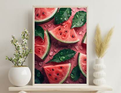 Juicy watermelon slices with green leaves and water droplets on a pink background. A refreshing and vibrant summer fruit composition.
