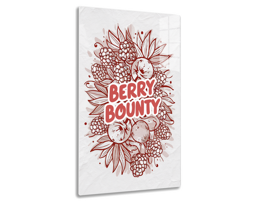 A decorative illustration featuring red and white berries, leaves and the text "Berry Bounty" stylized in a vintage, hand-drawn style.
